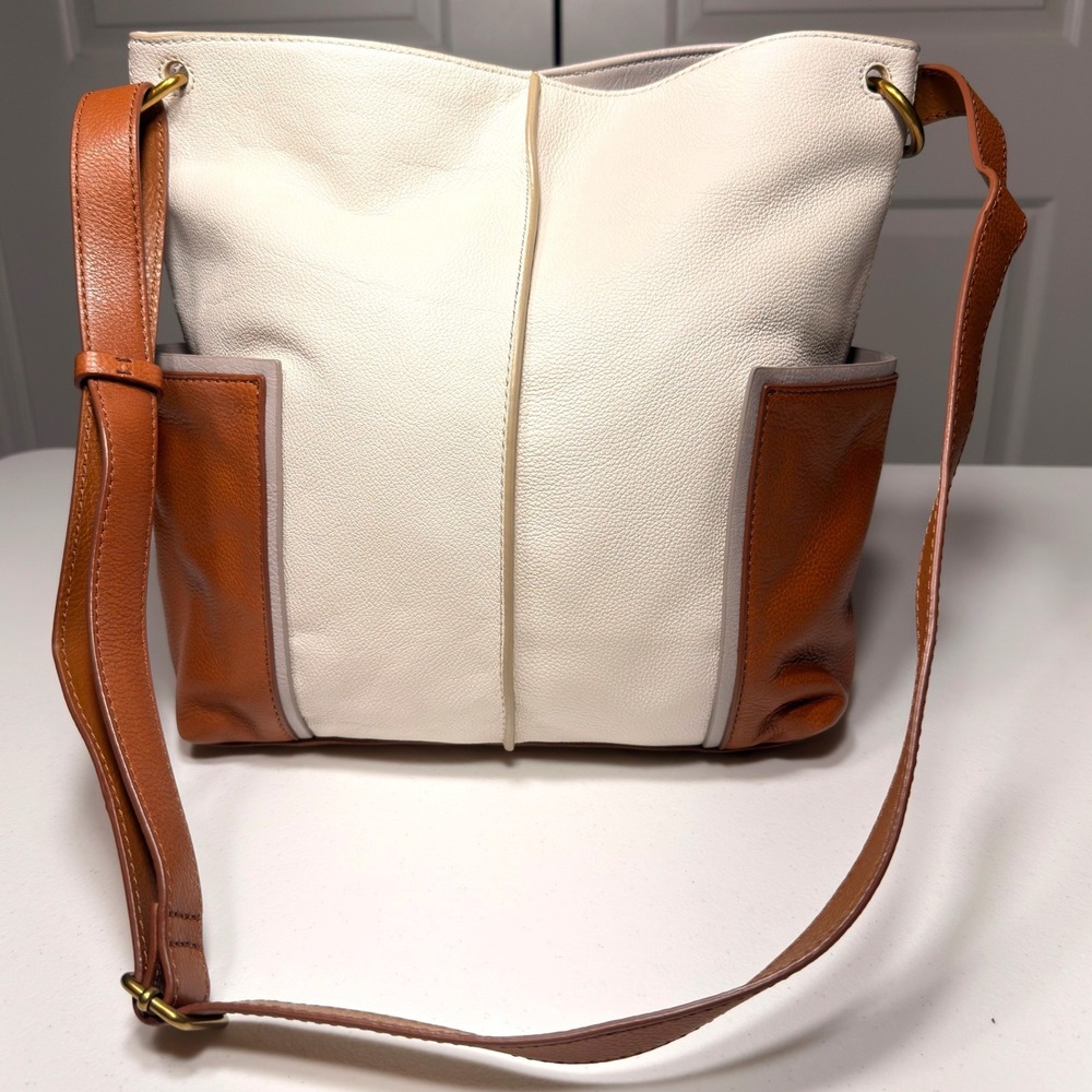 Fossil Lane NS Leather Crossbody Bag White Tan Colorblock Minimal Boho ZB174716